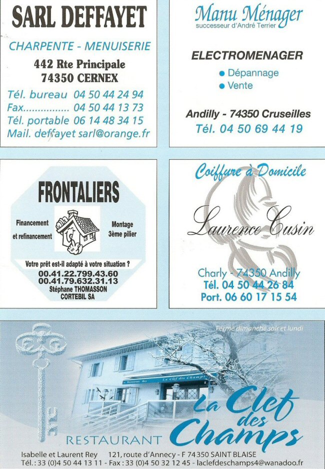 Deffayet charpente menuiserie, Manu Mnager, Frontaliers, Laurence Cusin coiffure  domicile, La clef des champs Saint Blaise